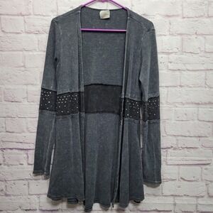 Vocal Waffle Knit Studded Rhinestone Cardigan Womens L Grunge Dark Boho Stretch